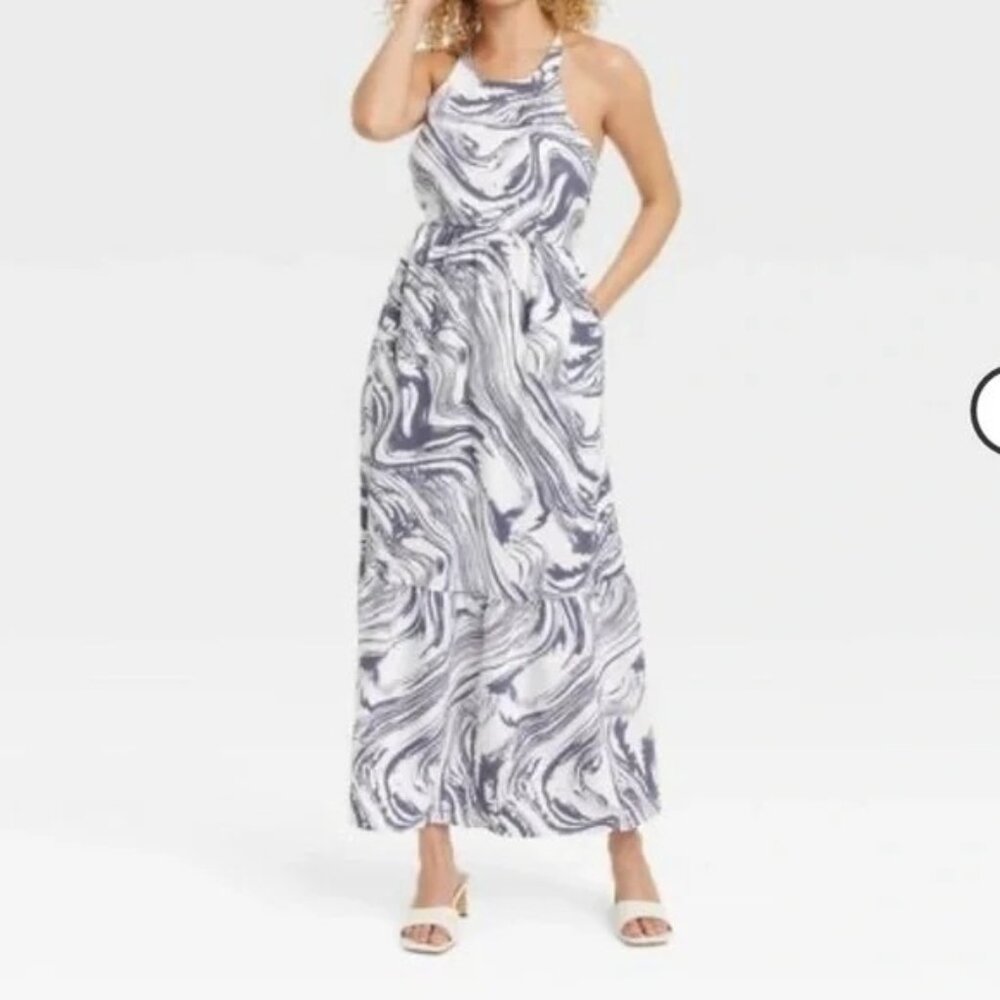A New Day Maxi Gray White Paint Marble Spaghetti Strap Halter Dress Ruffle SMALL - Picture 2 of 9
